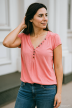 Vintage women's river island peach v-neck top Size 10| SKU 1938