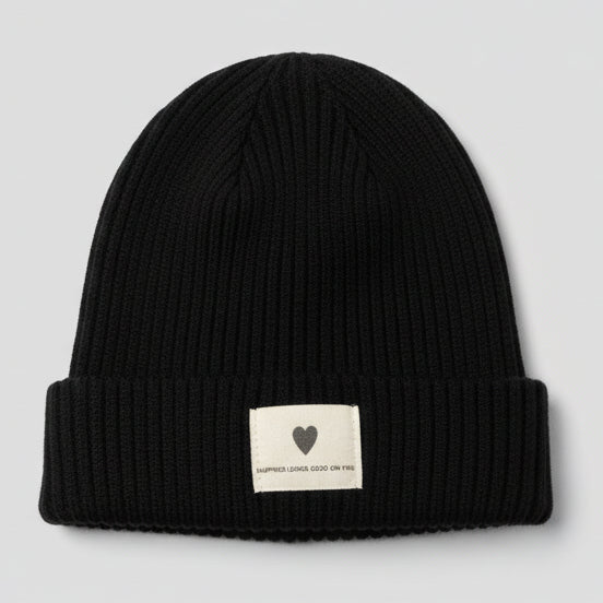 Classic Black Knit Heart Patch Beanie SKU 7319