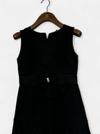 Black velvet dress with lace trim and a bow detail, featuring a zipper closure and a belt. #velvetdress #lacedetail size s/M  L 34 W 14.5 SKU 7020