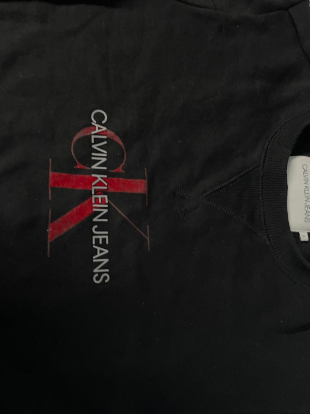 Vintage men's CALVIN KLEIN Jeans center logo black sweatshirt Size S oversize faded pullover|SKU 4243