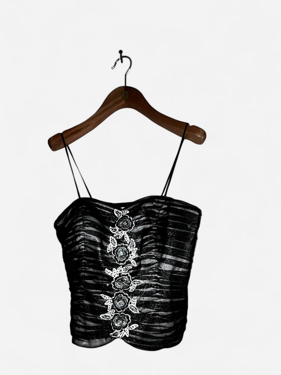 Women’s Arruba Black and silver strappy corset top with floral embroidery #gothicstyle #corsettop in size 12 collar to hem 17 pit to pit 13 SKU 7042