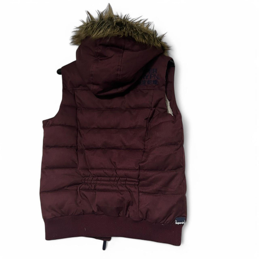 Vintage Women's Burgundy Superdry Padded Gilet with Removable Hood, Size L (26" Length, 20" Waist) - SKU 6875