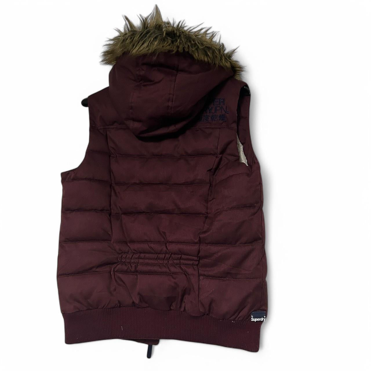 Vintage Women's Burgundy Superdry Padded Gilet with Removable Hood, Size L (26" Length, 20" Waist) - SKU 6875
