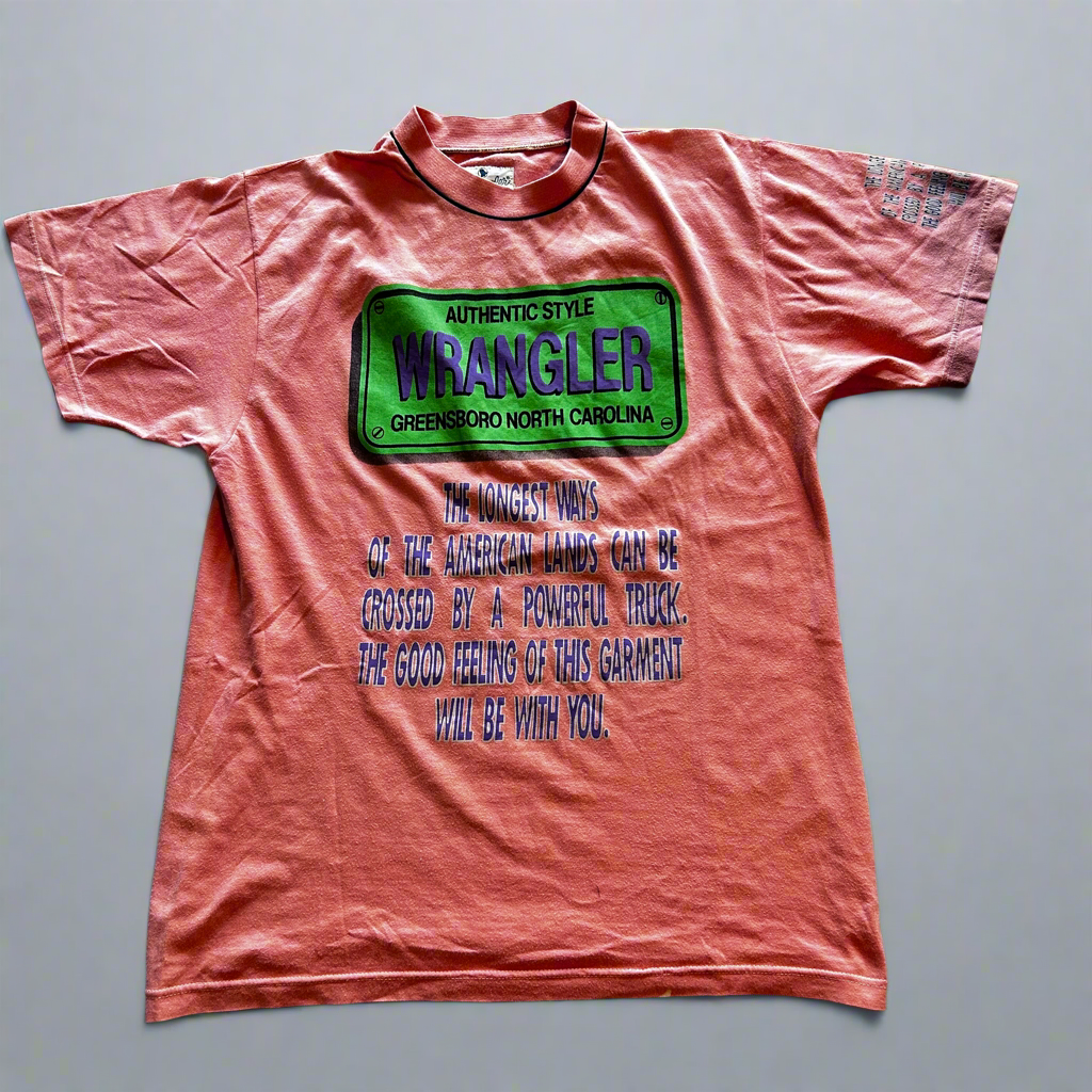 1990s Wrangler pink and green vintage t-shirt clothing in medium sku 7007