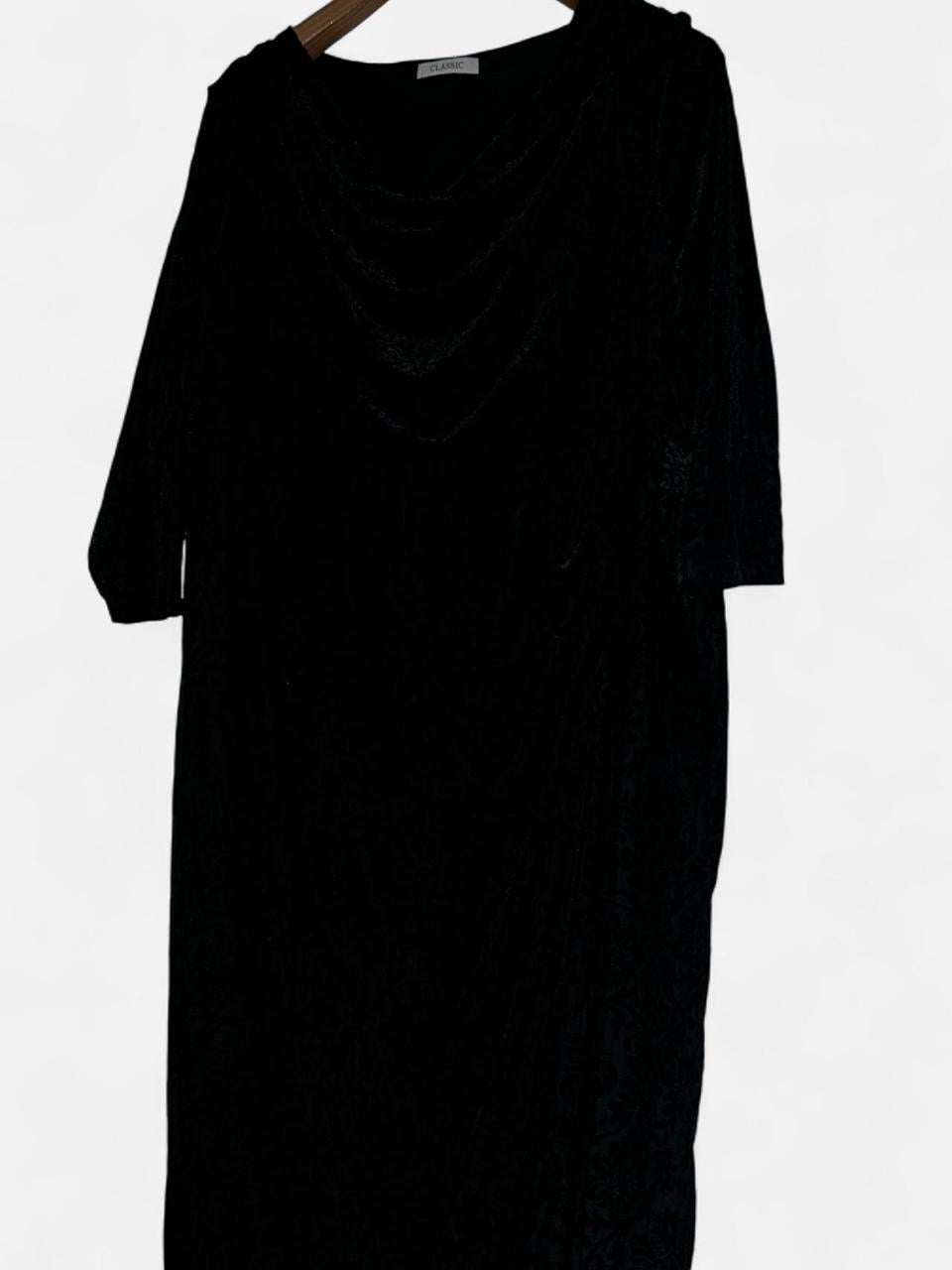 Black velvet M&S dress with draped cowl neckline, 3/4 length sleeves, and a 46 length #velvetdress #cowlneck w21 sku 7005