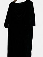 Black velvet M&S dress with draped cowl neckline, 3/4 length sleeves, and a 46 length #velvetdress #cowlneck w21 sku 7005