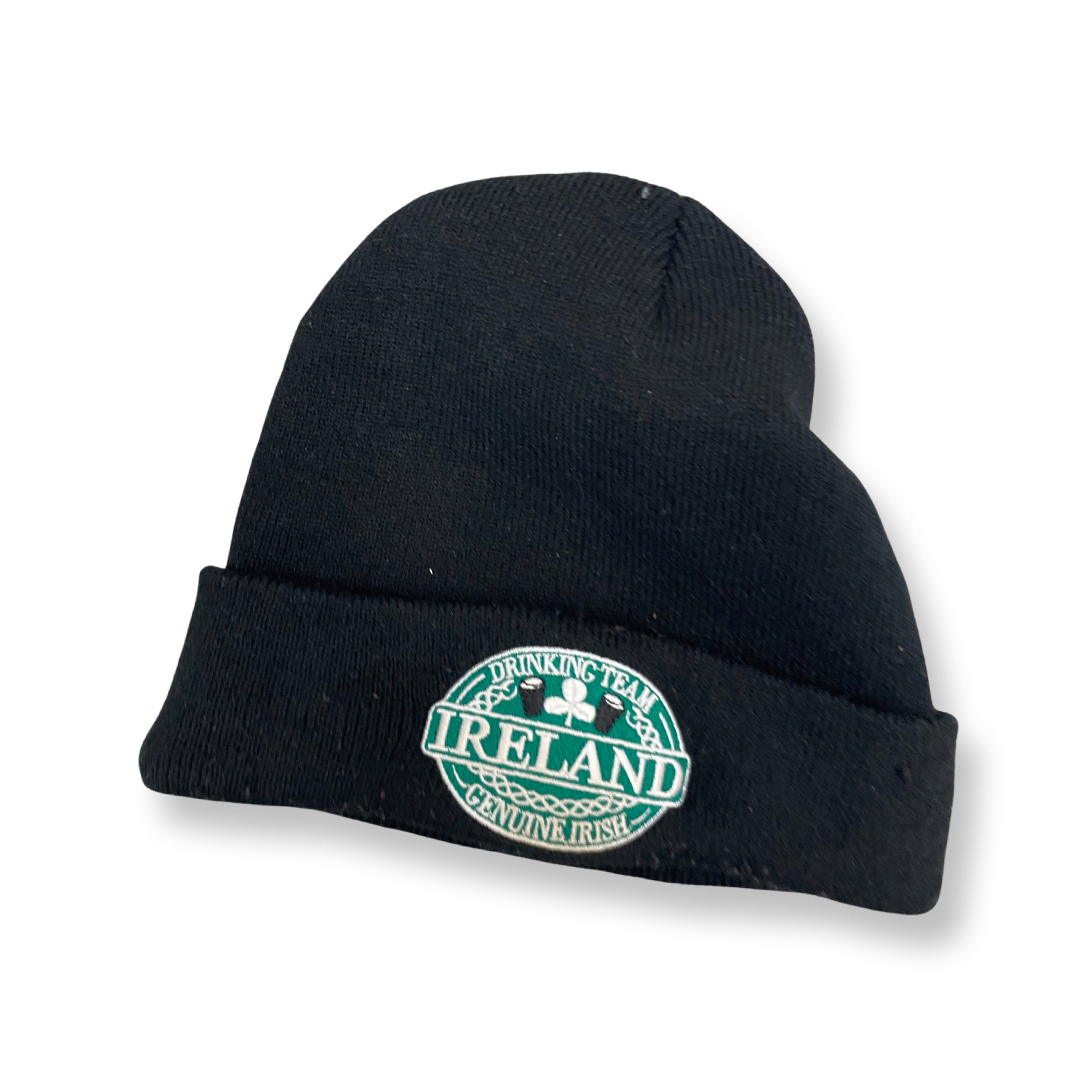 Rubynee Vintage y2k Knitted Black Beanie Turn Up Hat With Ireland Drinking Team Crest Design