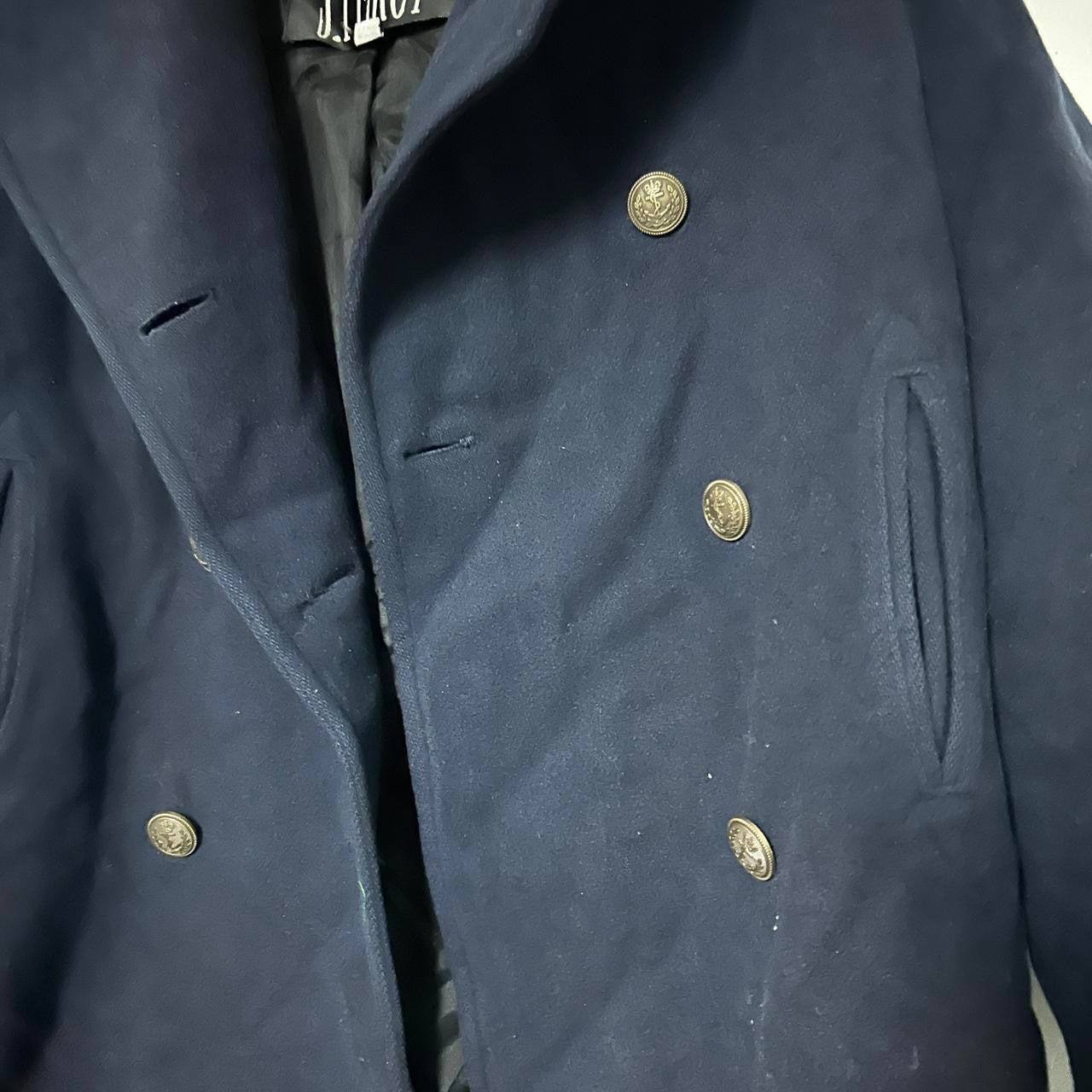J Percy made in USA in sz L Navy peacoat with button-up closure, multiple pockets, and a classic, preppy style #preppy #wintercoat L 31 W20 AKU 6908