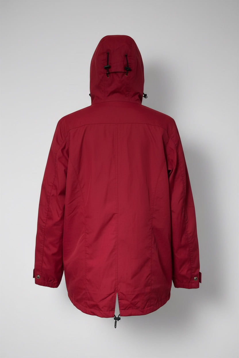 A red hooded jacket hanging on a black metal hanger against a plain white background.