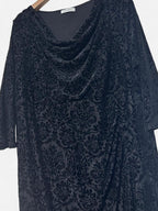 Black velvet M&S dress with draped cowl neckline, 3/4 length sleeves, and a 46 length #velvetdress #cowlneck w21 sku 7005