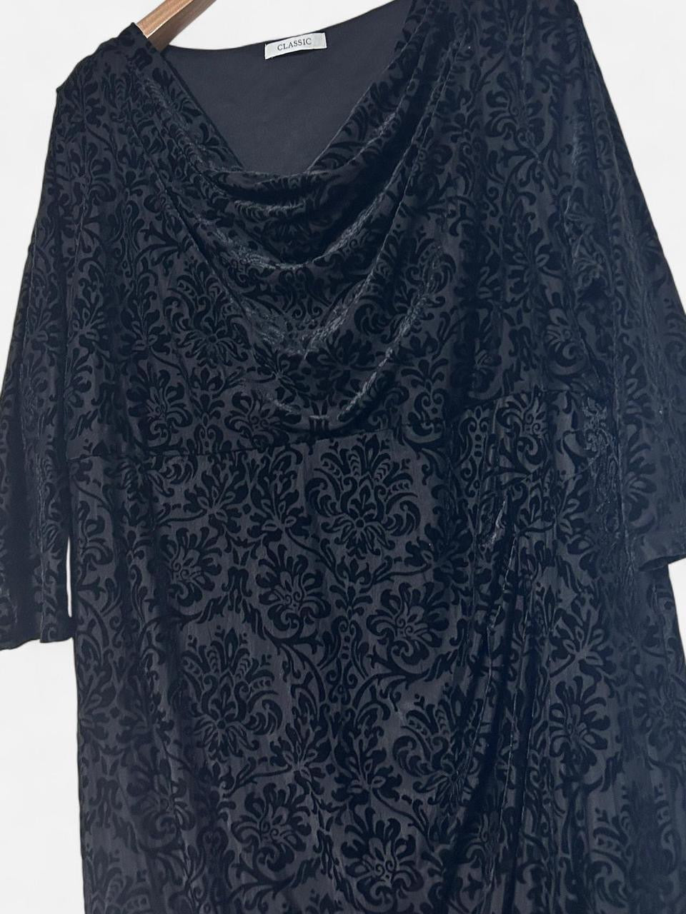 Black velvet M&S dress with draped cowl neckline, 3/4 length sleeves, and a 46 length #velvetdress #cowlneck w21 sku 7005