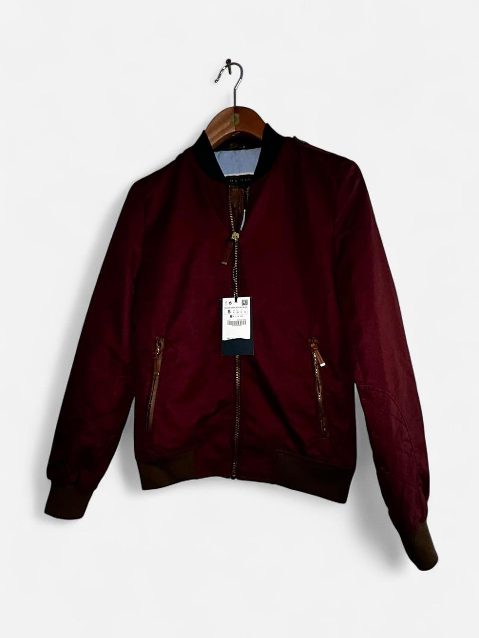 Zara Man Men’s Burgundy Bomber Jacket Size S Red Lined Full Zip Windbreaker