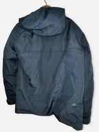 Elvine Navy nylon bomber jacket with removable hood thermal lining in size L collar to hem 33 pit to pit 23 sku 7053