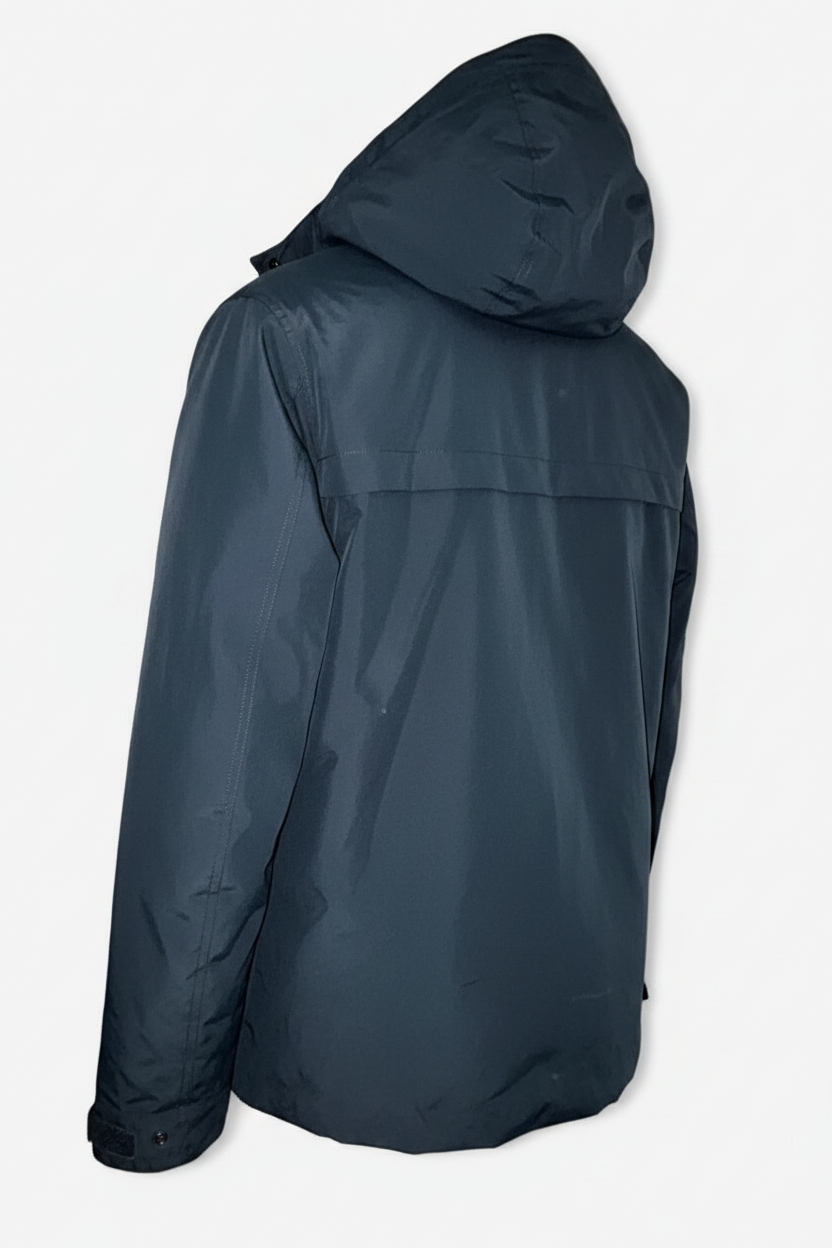 Elvine Navy nylon bomber jacket with removable hood thermal lining in size L collar to hem 33 pit to pit 23 sku 7053