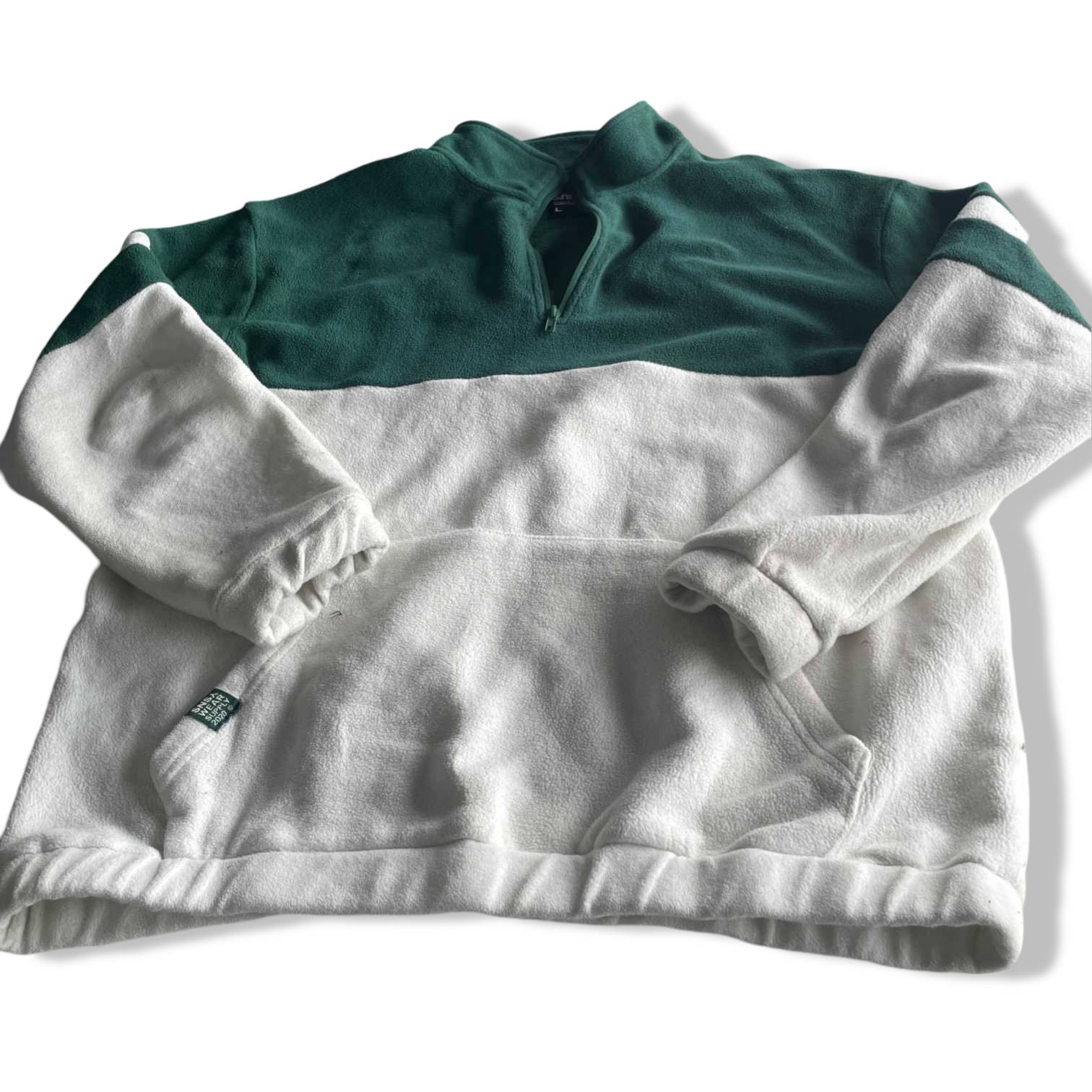 Vintage men Sinsay collection green & white colourblock 1/4zip fleece sweatshirt in M|L30 W23|SKU 5696