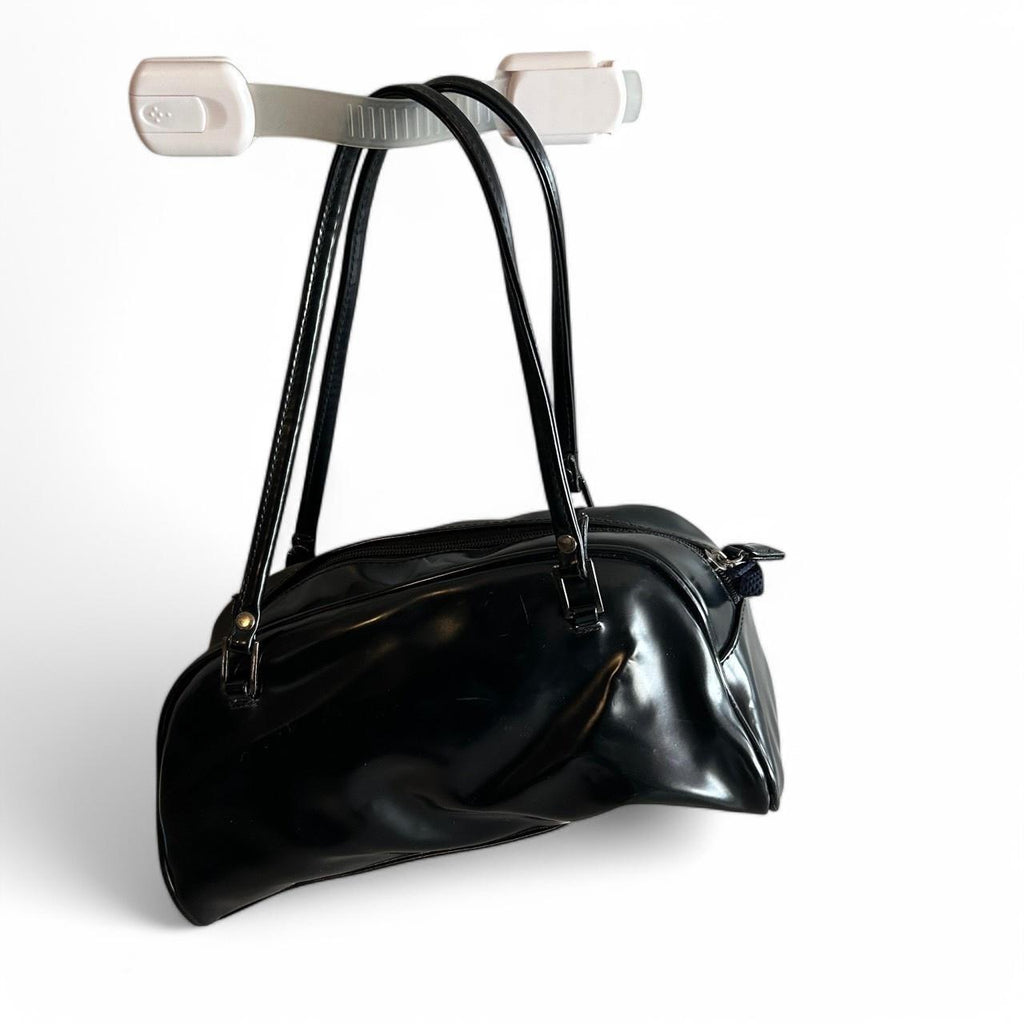 Women Black PVC Shoulder Bag With Unique Shape With Zipper Inner Pocket SKU 6866