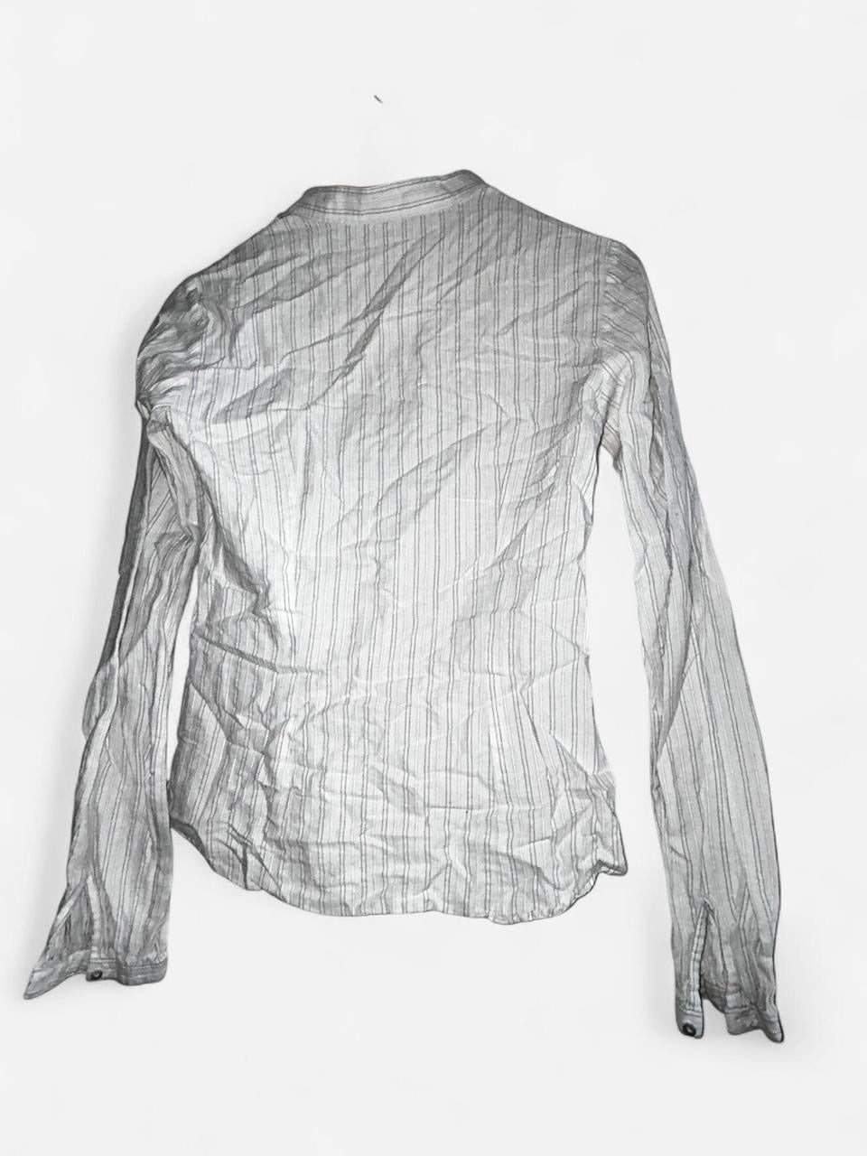 United colours of Benetton women’s White and brown striped button-up shirt with lace detailing on the collar and cuffs #stripes in size medium to large collar to hem 25  Porto pit 16 sku 7060