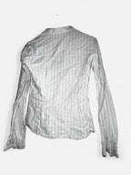 United colours of Benetton women’s White and brown striped button-up shirt with lace detailing on the collar and cuffs #stripes in size medium to large collar to hem 25  Porto pit 16 sku 7060