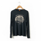 Hugo Boss black long-sleeved crew-neck T-shirt with a "NEW 1938 MOTORBIKE" graphic print.