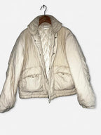 Women’s Cream Lafudge puffer jacket with quilted interior in size large #pufferjacket collar to hem 30 pit to pit 26 sku 7076