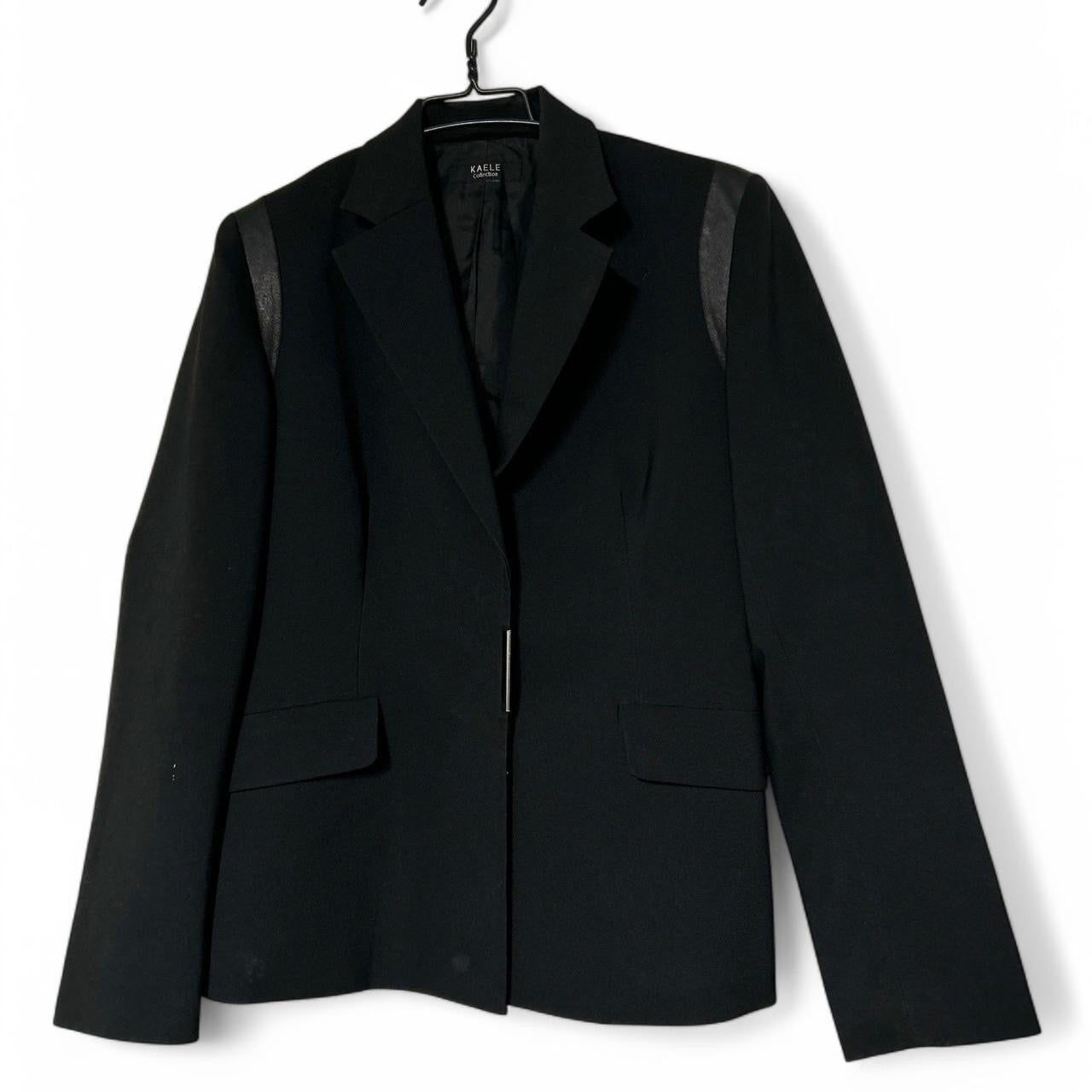 Women’s Black KAELLE Collection blazer with leather shoulder pads #leatherblazer sku 6955 L29 W19 