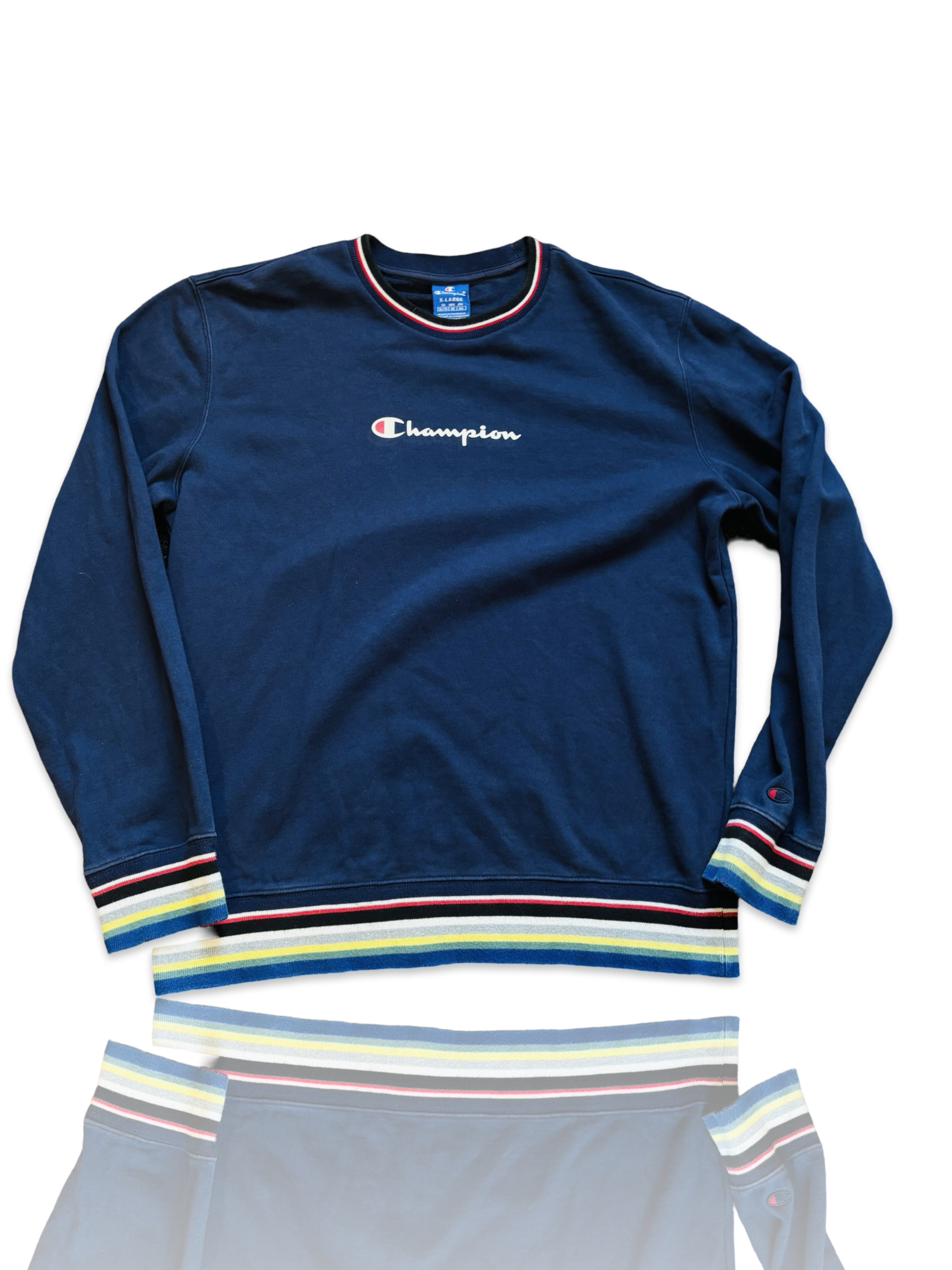 Men's Reverse Weave Premium Collection | Champion Official"Vintage Navy Champion Sweatshirt With Multicolored Cuffs - Men's Reverse Weave Premium Collection | Champion Official SKU- 4073