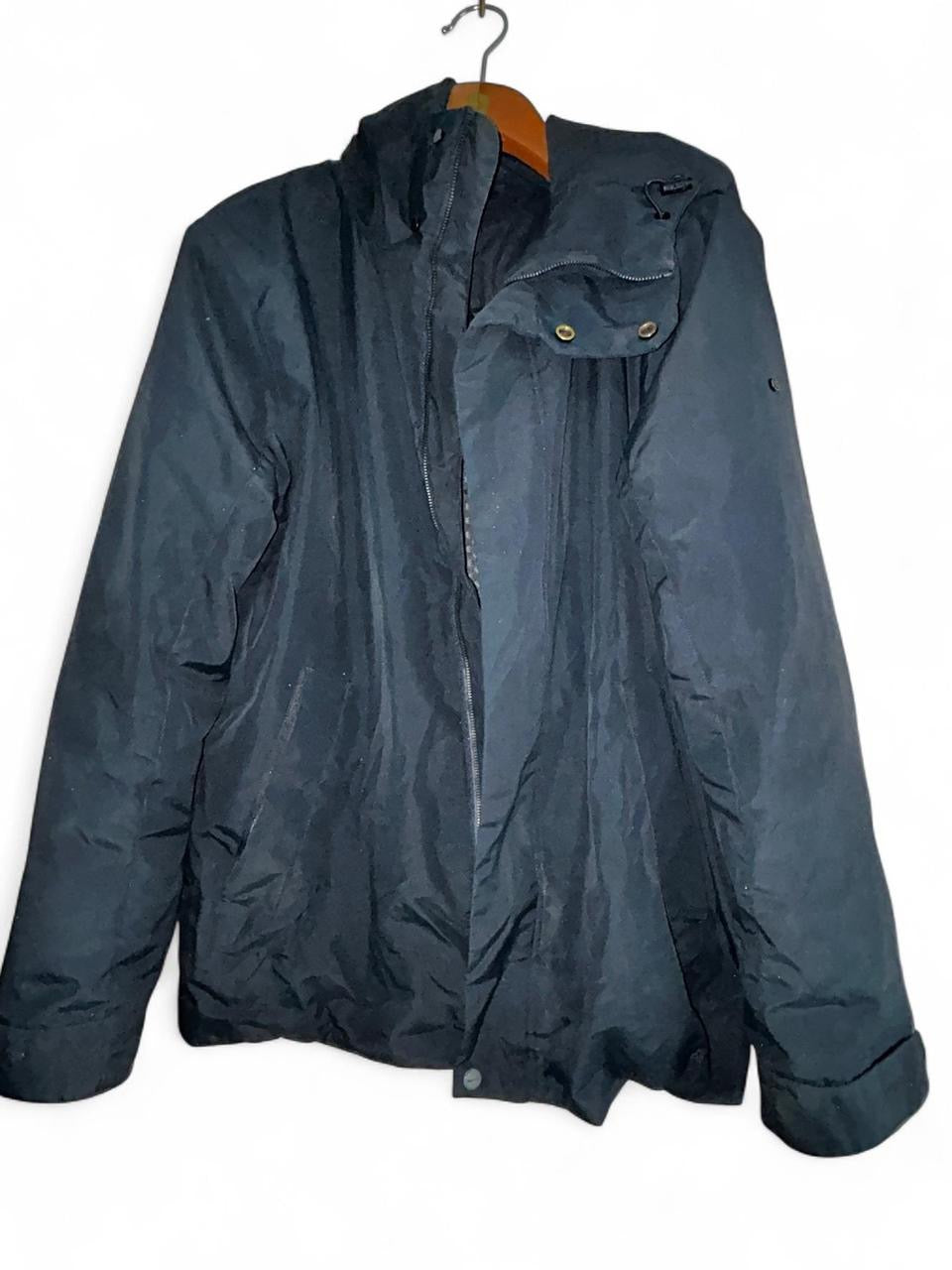 Elvine Navy nylon bomber jacket with removable hood thermal lining in size L collar to hem 33 pit to pit 23 sku 7053