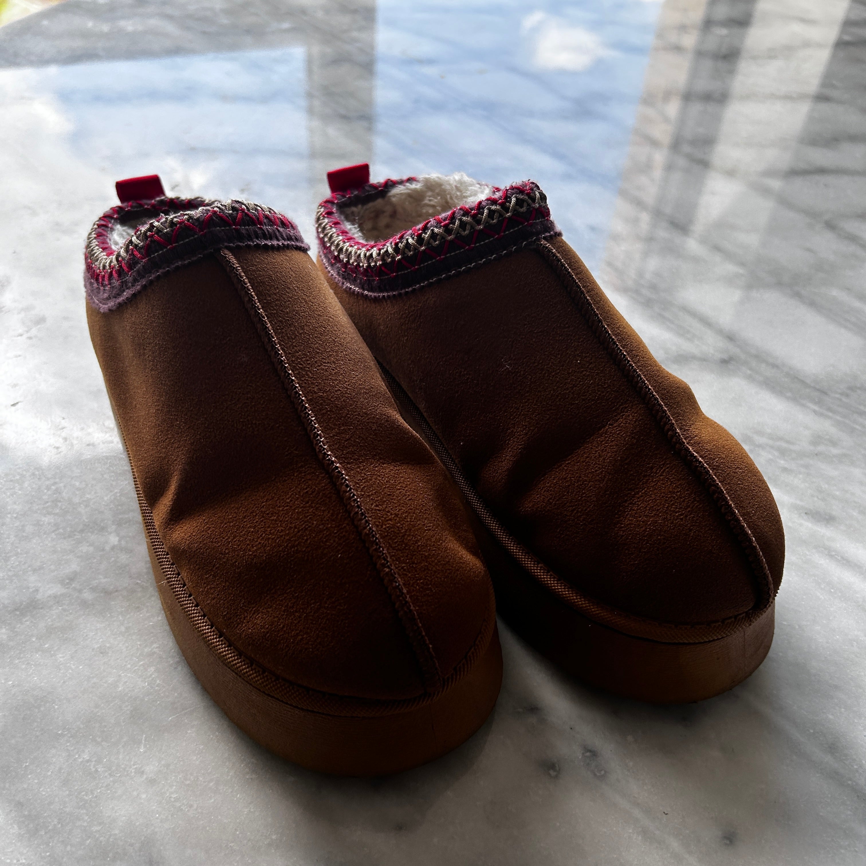 Tazmin Aztec Detail Faux Fur Lining Platform Slipper In Chestnut Faux Suede