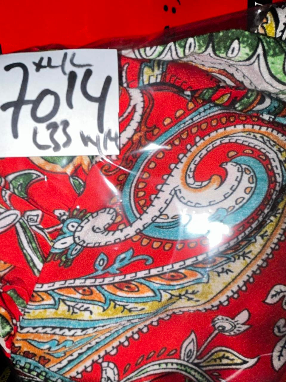 Red paisley print short sleeve dress with elastic waistband and pockets #paisleypattern made in Italy Size L/XL  L 33 W14 sku 7014