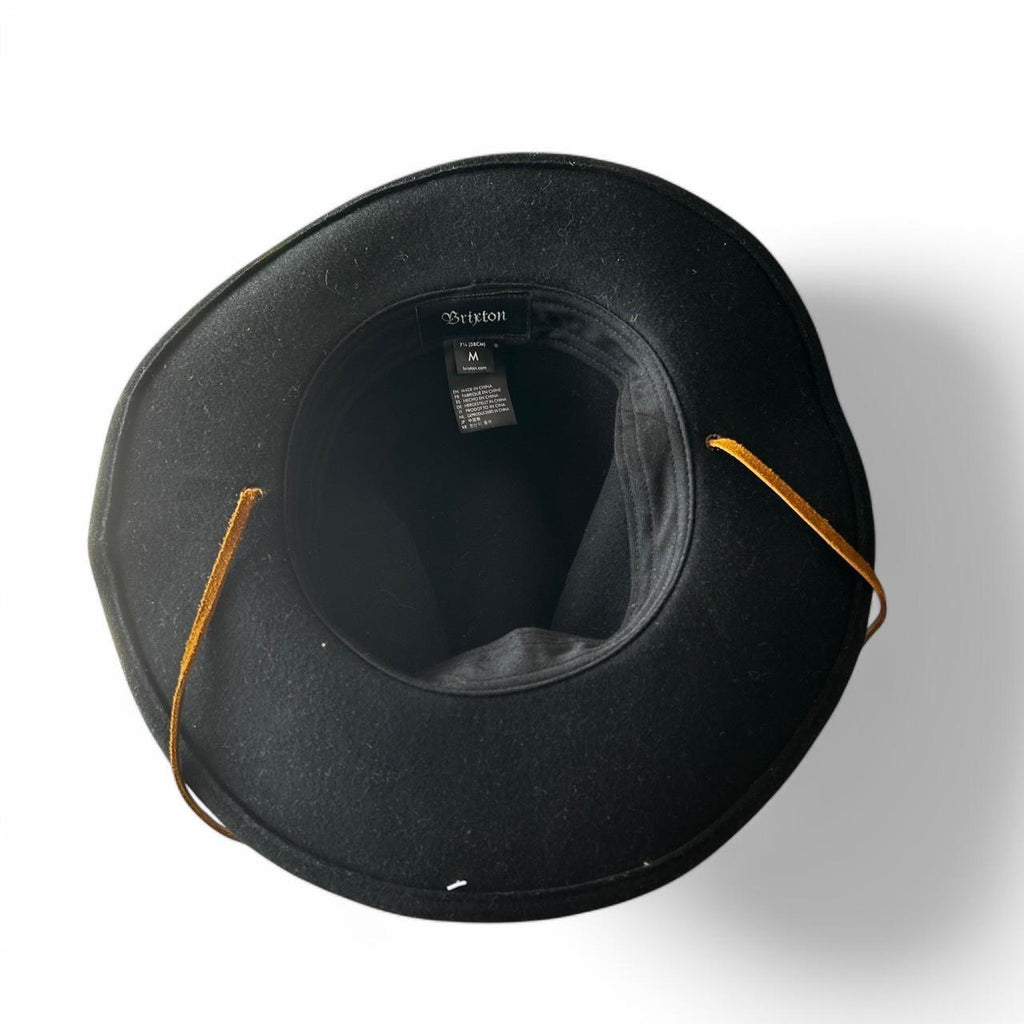 Brixton black wool cowboy hat with brown leather band and adjustable leather tie #westernvibes sku 6815