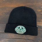 Rubynee Vintage y2k Knitted Black Beanie Turn Up Hat With Ireland Drinking Team Crest Design