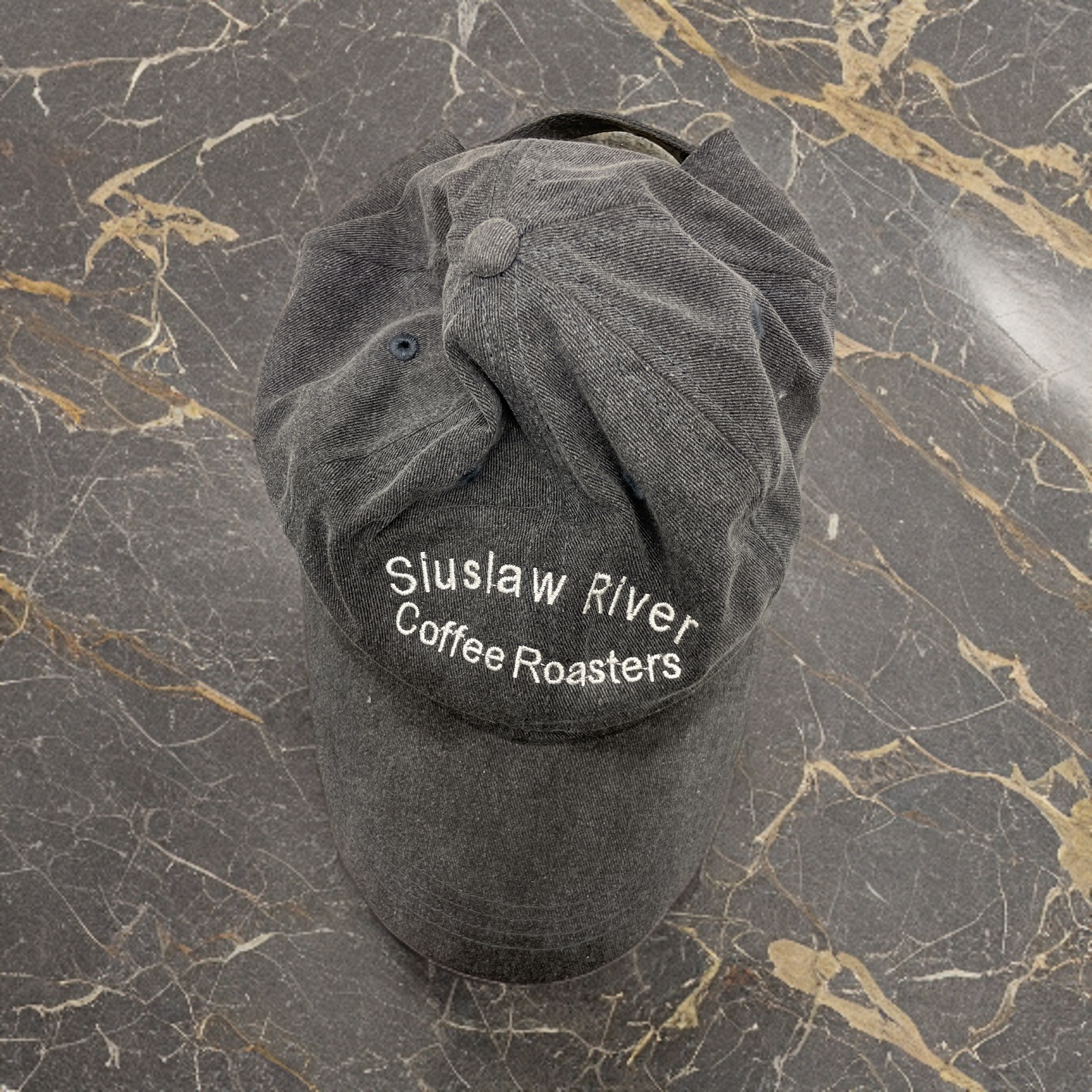 Rubynee Vintage y2k grey suede baseball cap with siuslaw river coffee roasters crest design