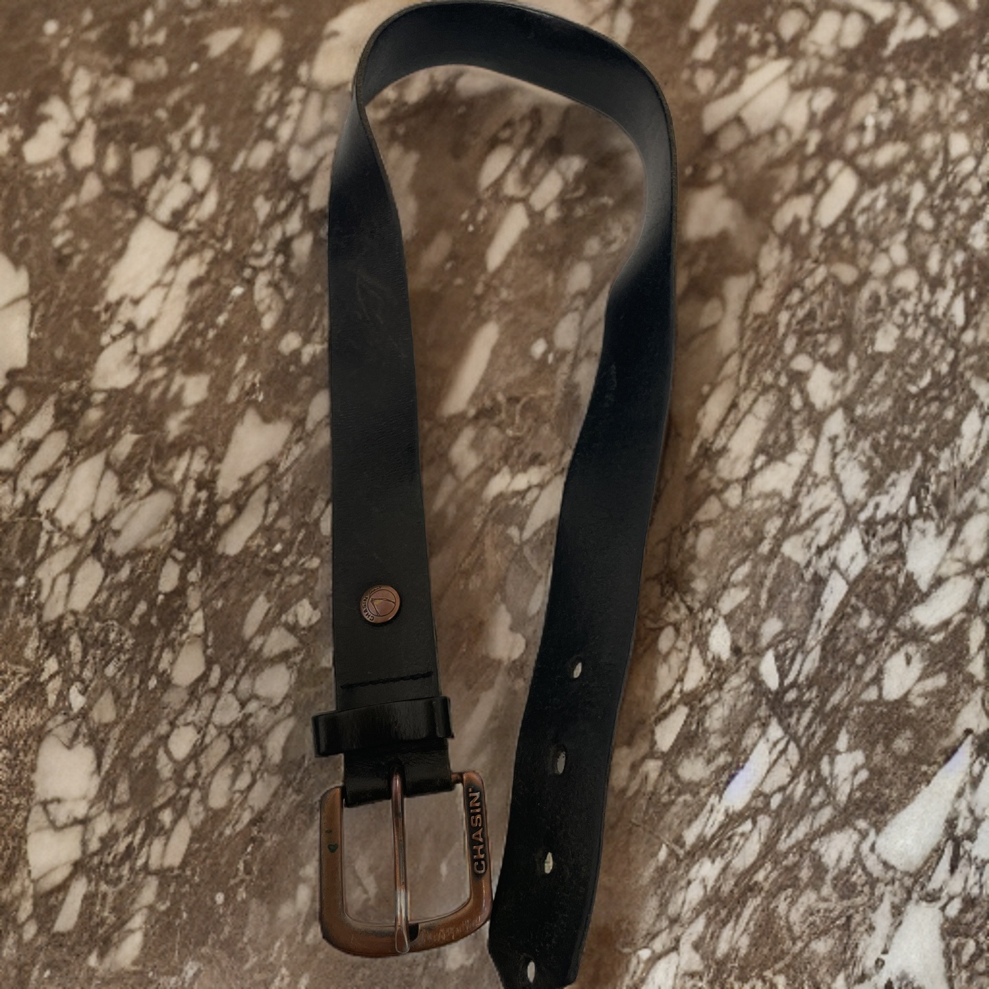 Vintage Chasin black leather mens square buckle belt size S