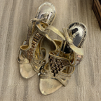 Vintage Gold Hazel Satin Fabric Leather Mid Heel Slingback size 38