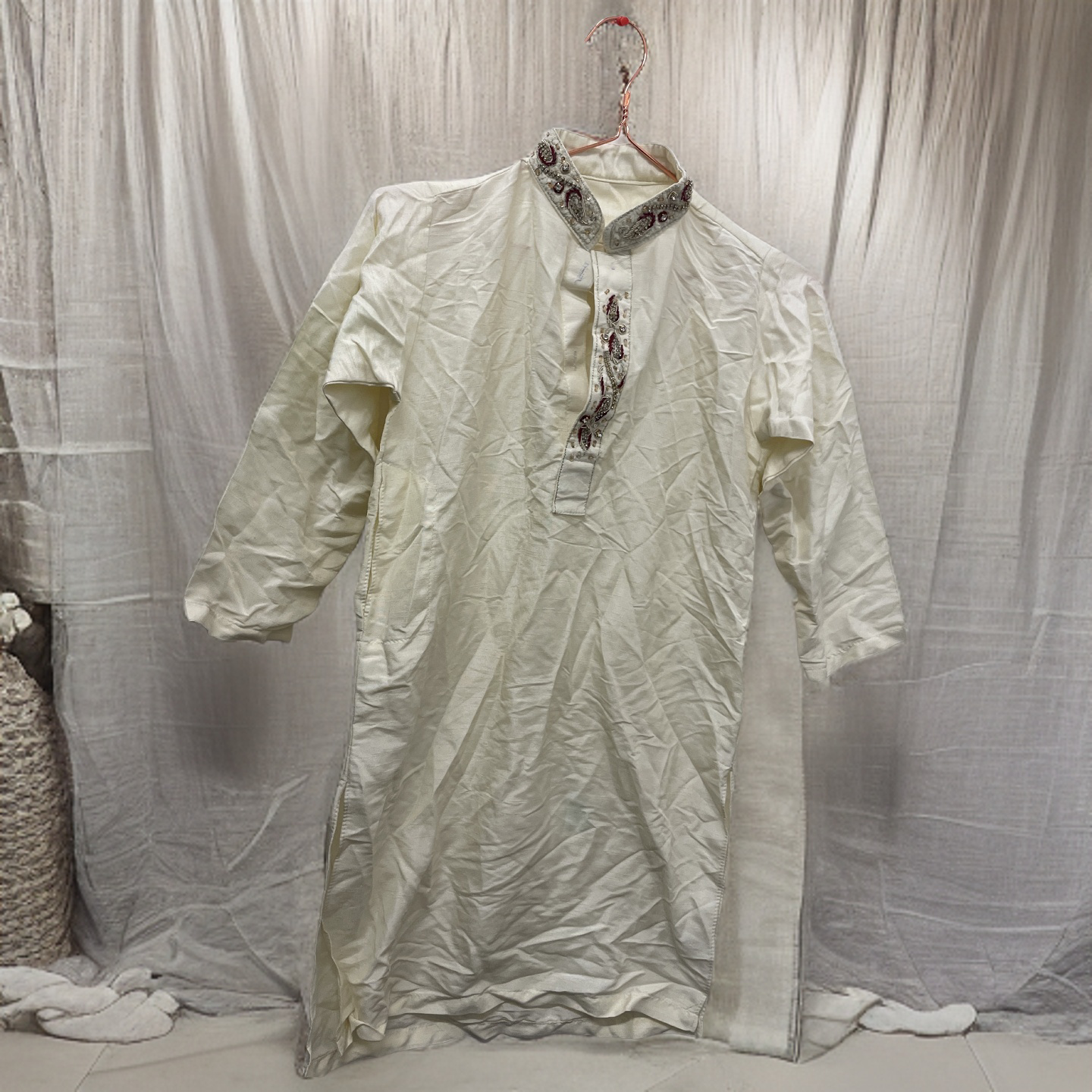 Rubynee Vintage y2k Men's Traditional Silk Kurta cream Shirt size S