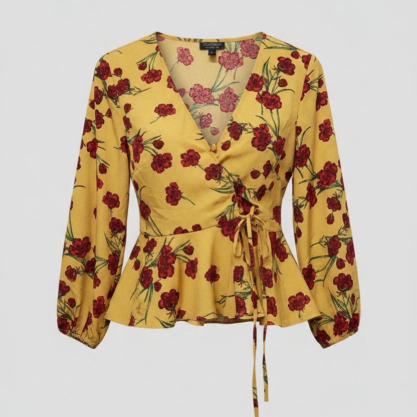 Rubynee  Vintage y2k Topshop Women Yellow Red Floral 3/4 Sleeve Polyester Crop Peplum Top size XS