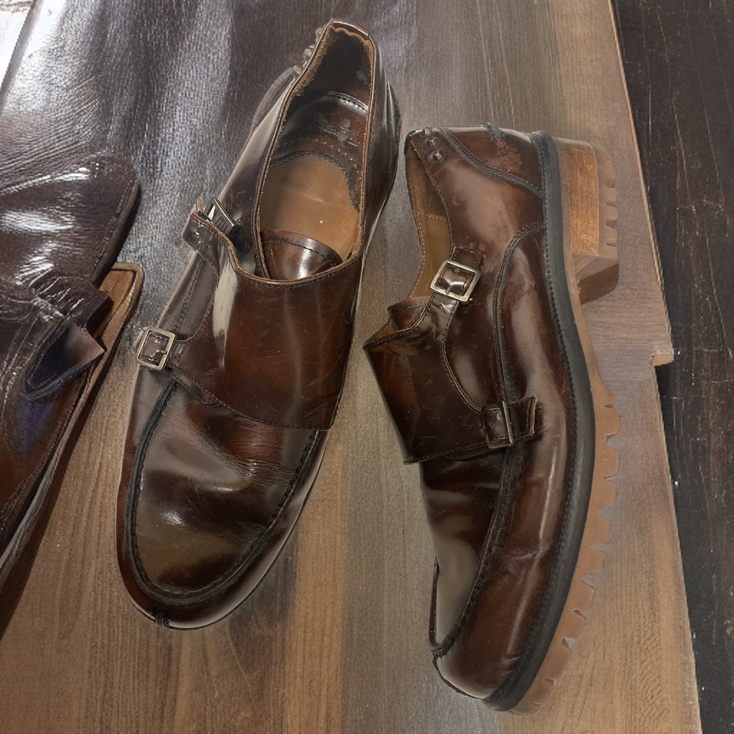Vintage mens double buckle brown leather shoe size 41
