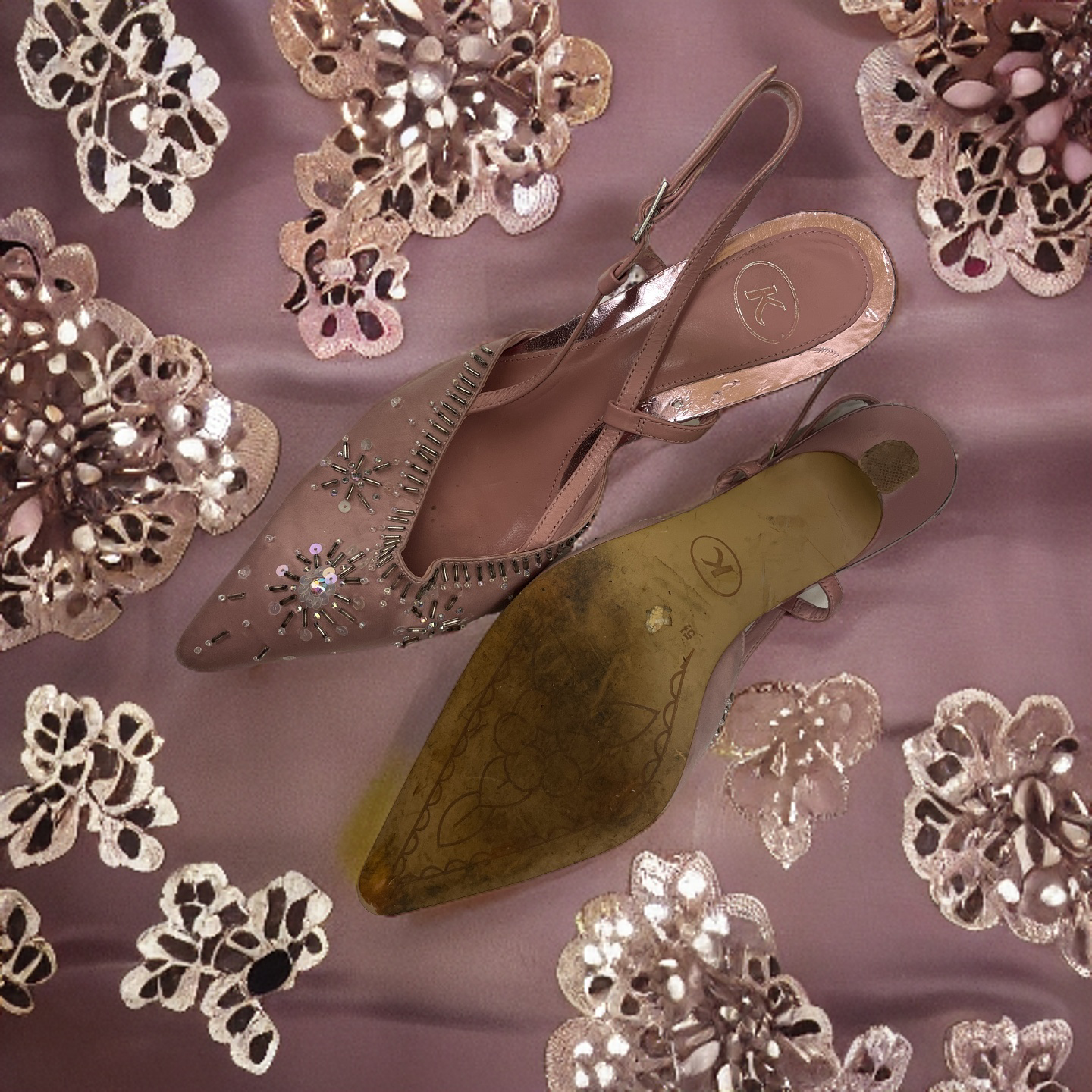 Vintage pink party shoe rhinestone beaded size uk 5.5