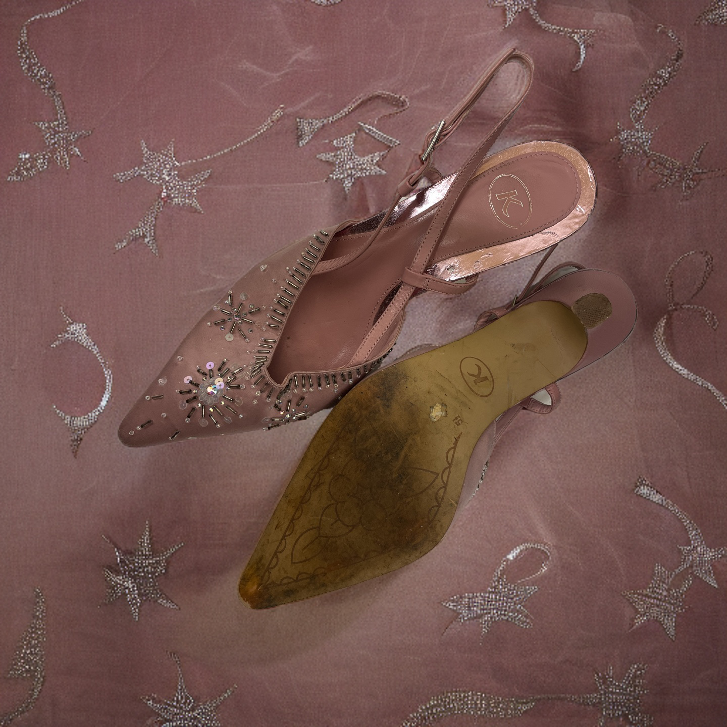 Vintage pink party shoe rhinestone beaded size uk 5.5