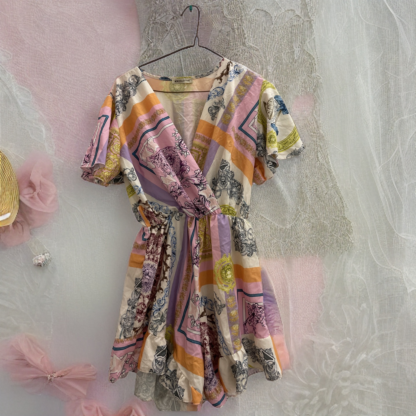 Rubynee Vintage y2k short sleeve patterned multi color mini dress