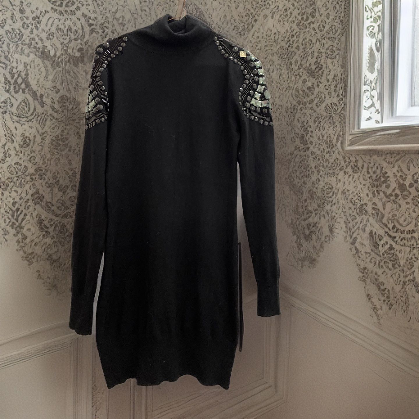 Women turtle neck oversize black jumper with studded design