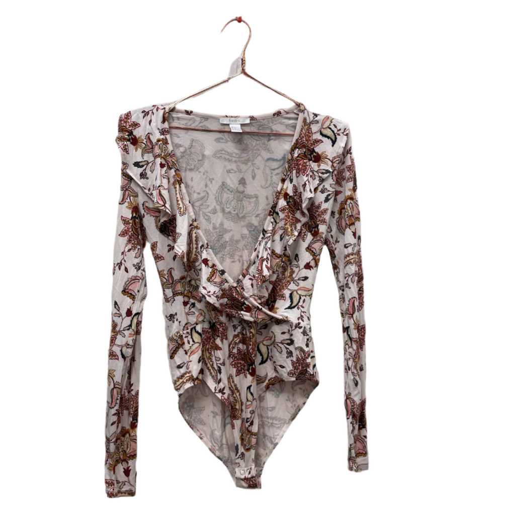 Peach floral long sleeve womens bodysuit size S