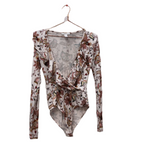 Peach floral long sleeve womens bodysuit size S
