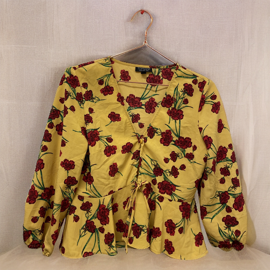 Rubynee  Vintage y2k Topshop Women Yellow Red Floral 3/4 Sleeve Polyester Crop Peplum Top size XS