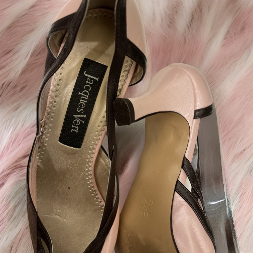 Vintage Woman's open shoe with strap in nude pink leather and black patent leather heel size 38