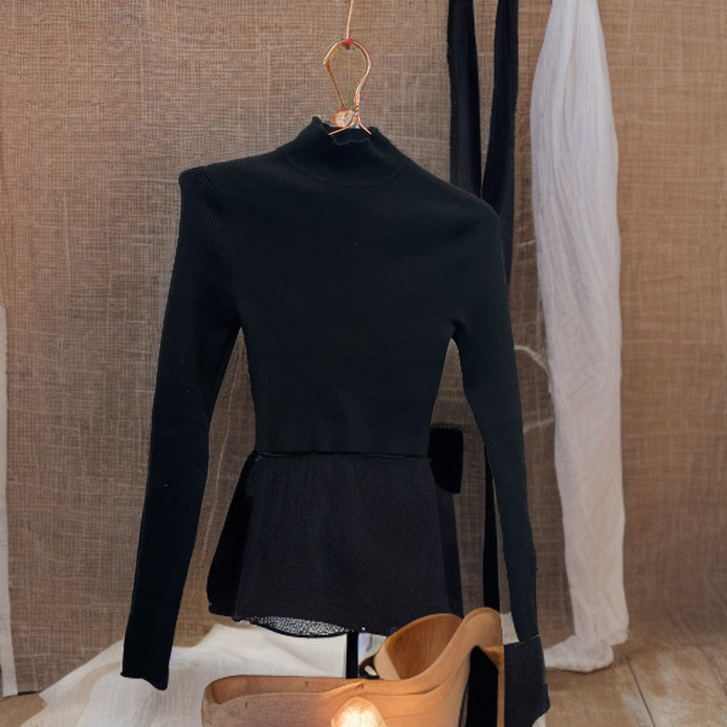Rubynee Vintage y2k Women turtle neck black Long Sleeve Plain Short Stretch Casual top
