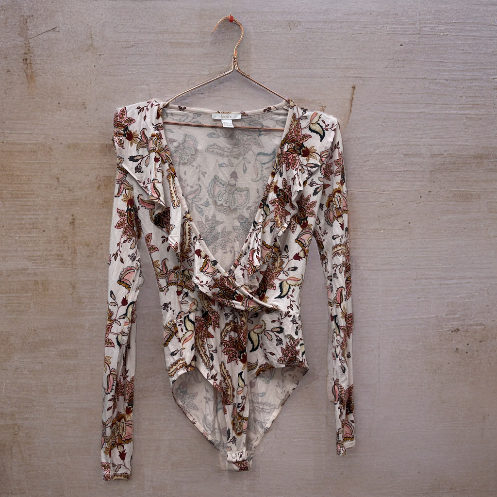 Peach floral long sleeve womens bodysuit size S