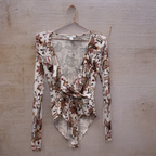 Peach floral long sleeve womens bodysuit size S