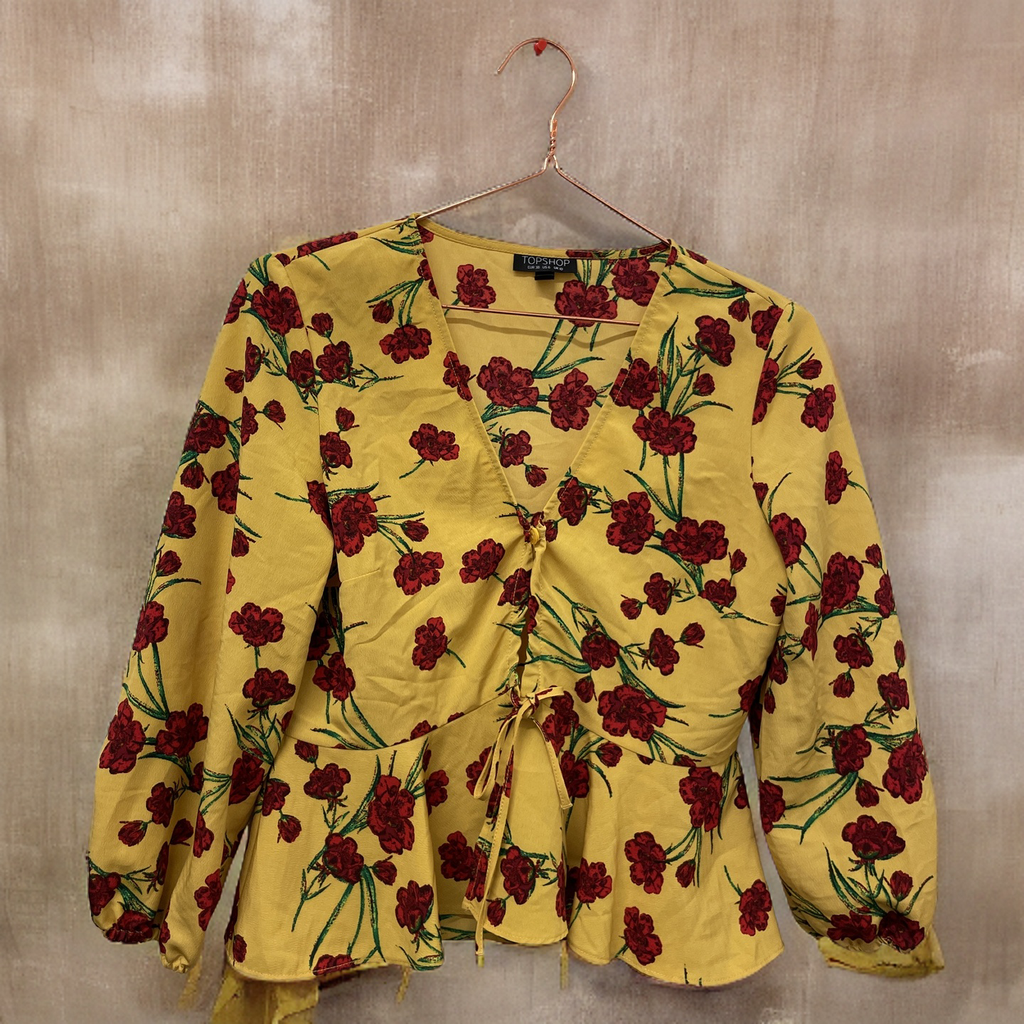 Rubynee  Vintage y2k Topshop Women Yellow Red Floral 3/4 Sleeve Polyester Crop Peplum Top size XS