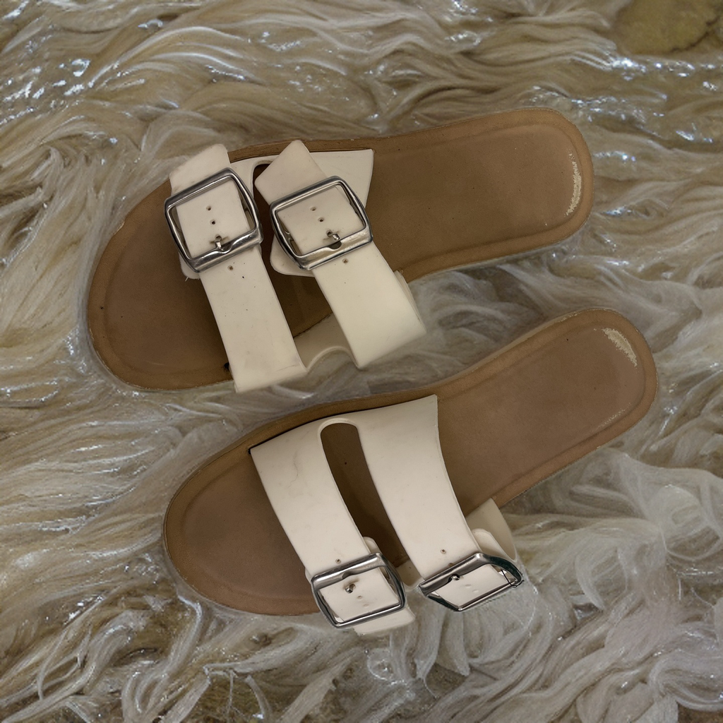 Vintage Women Double Buckles Summer Casual white slippers us 6